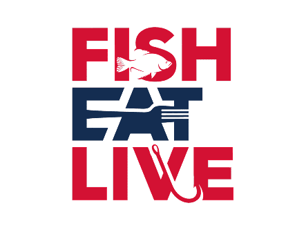 Fish Eat Live text with fishing elements